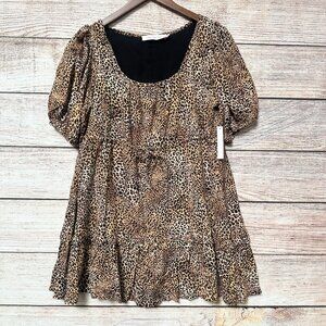 Lisa Says Gah Leila Mini Dress Leopard Print Puff Sleeve Babydoll S Brown Beige